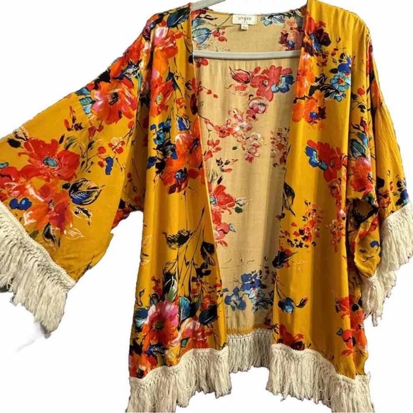 Umgee Tops - Umgee Kimono Large mustard yellow floral boho wrap hippie Gypsy